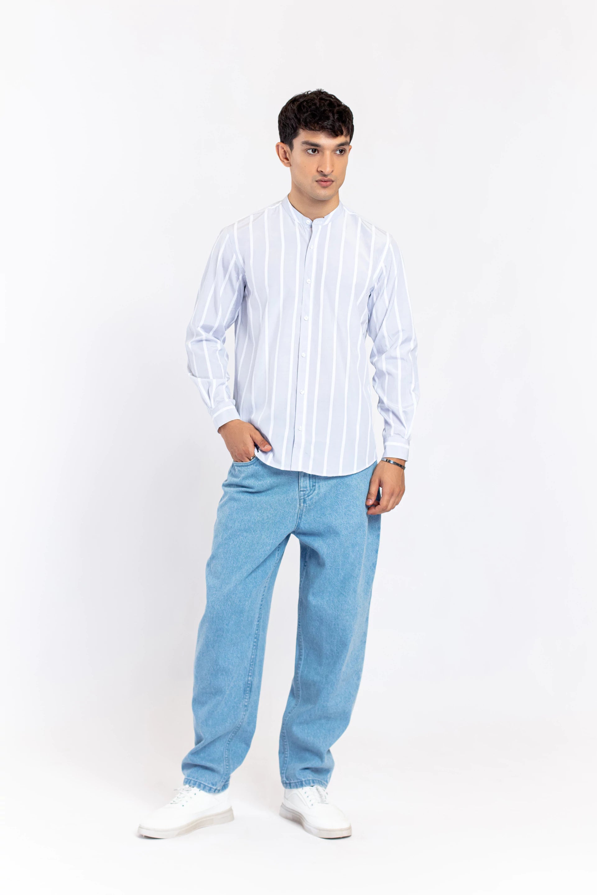Mandarin Collar Striped Shirt - 9figure