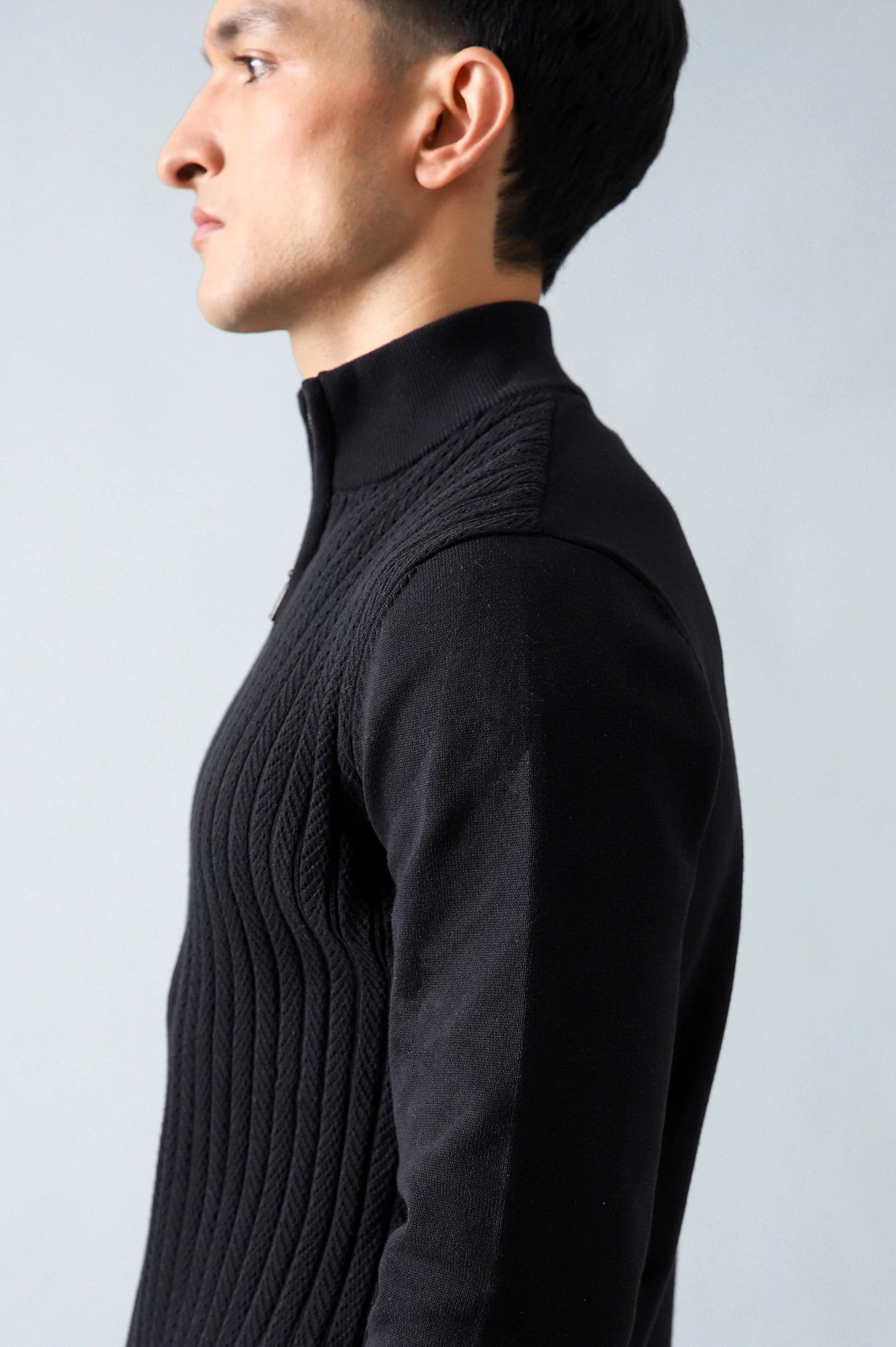 Mock Neck Textured Zipper Sweater