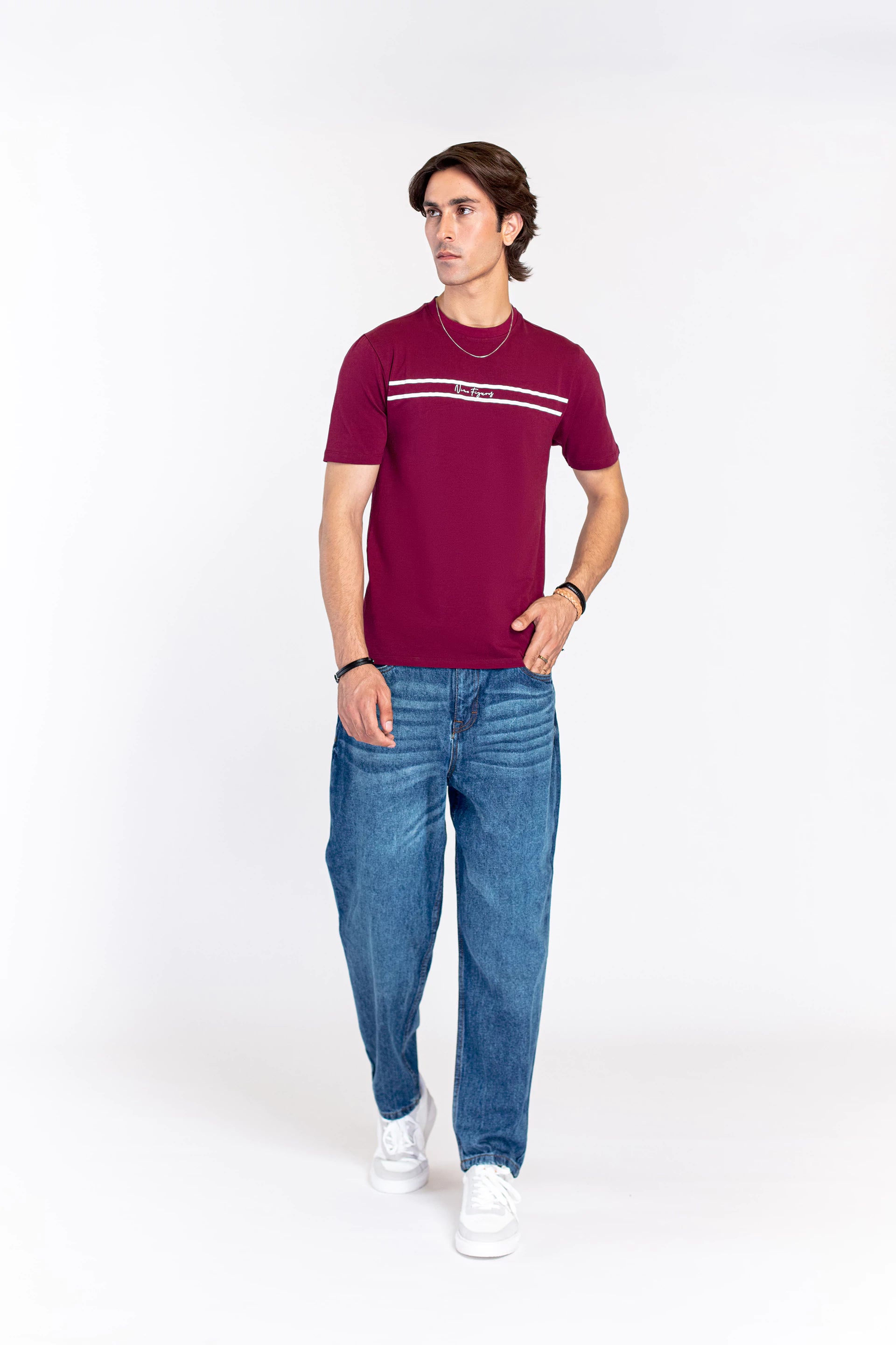 Horizontal Stripes Maroon Graphic T-Shirt - 9figure