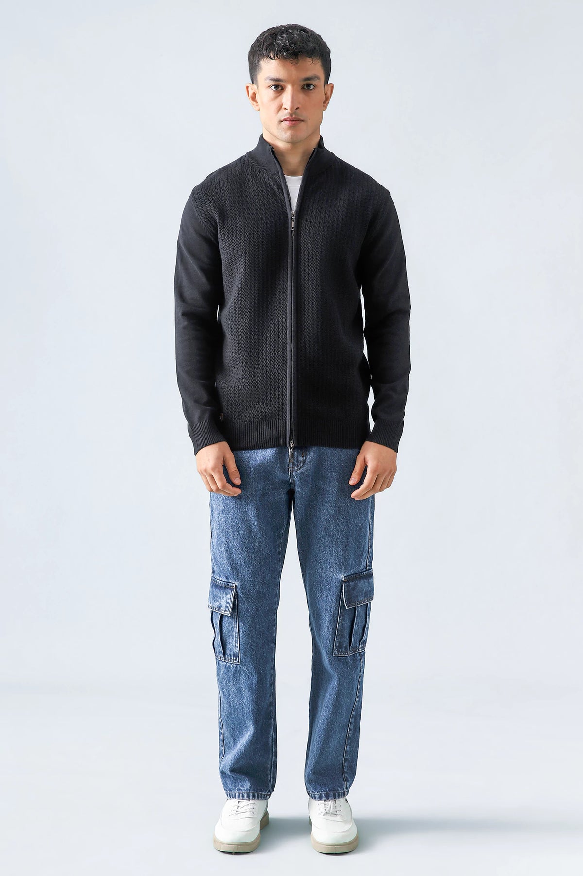 Mock Neck Textured Zipper Sweater