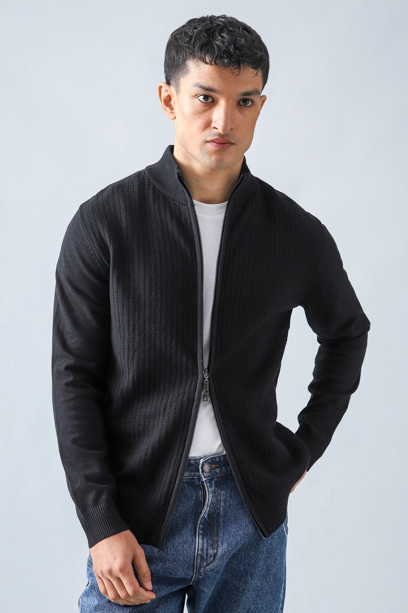 Mock Neck Textured Zipper Sweater