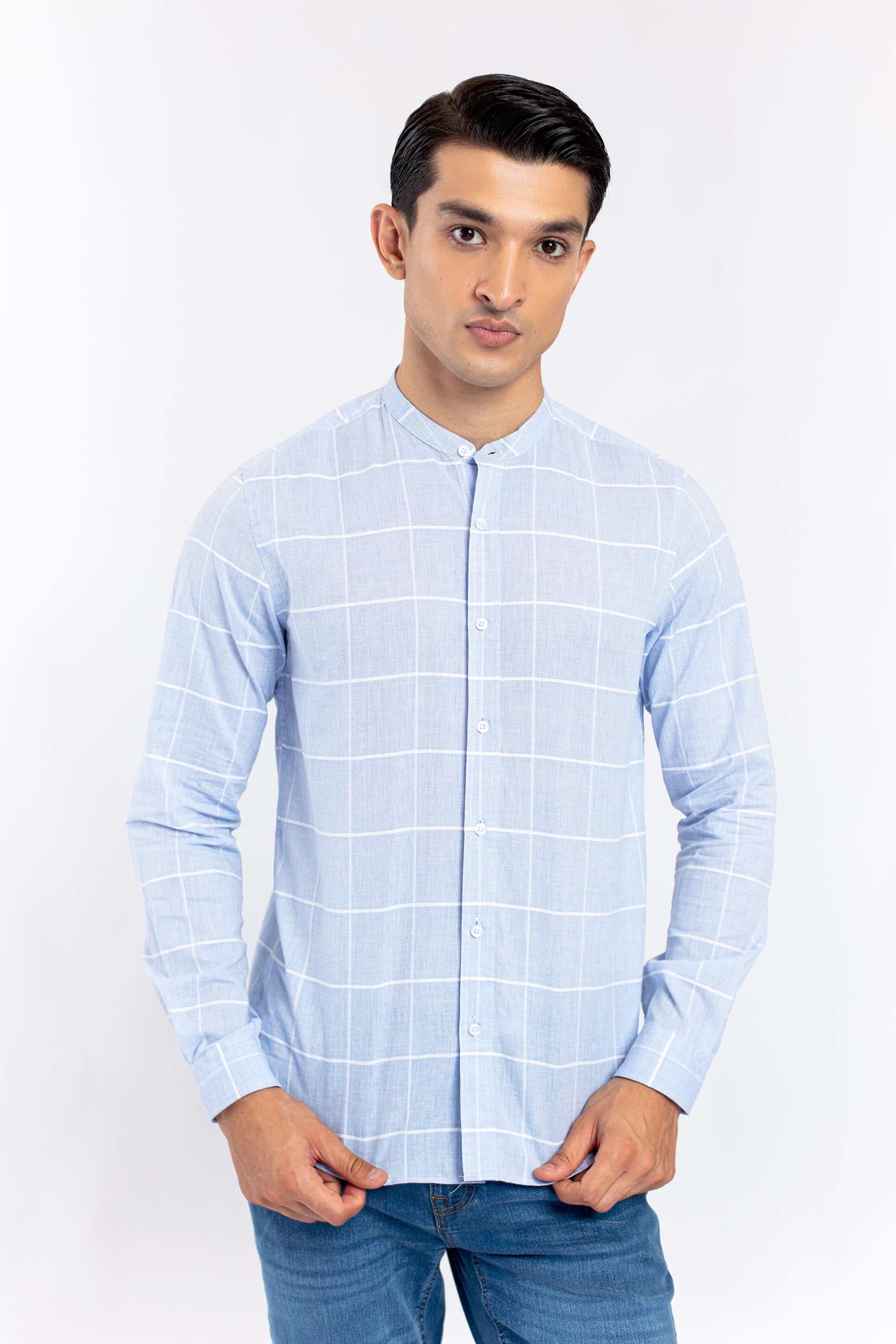 Mandarin Collar Checkered Shirt - 9figure