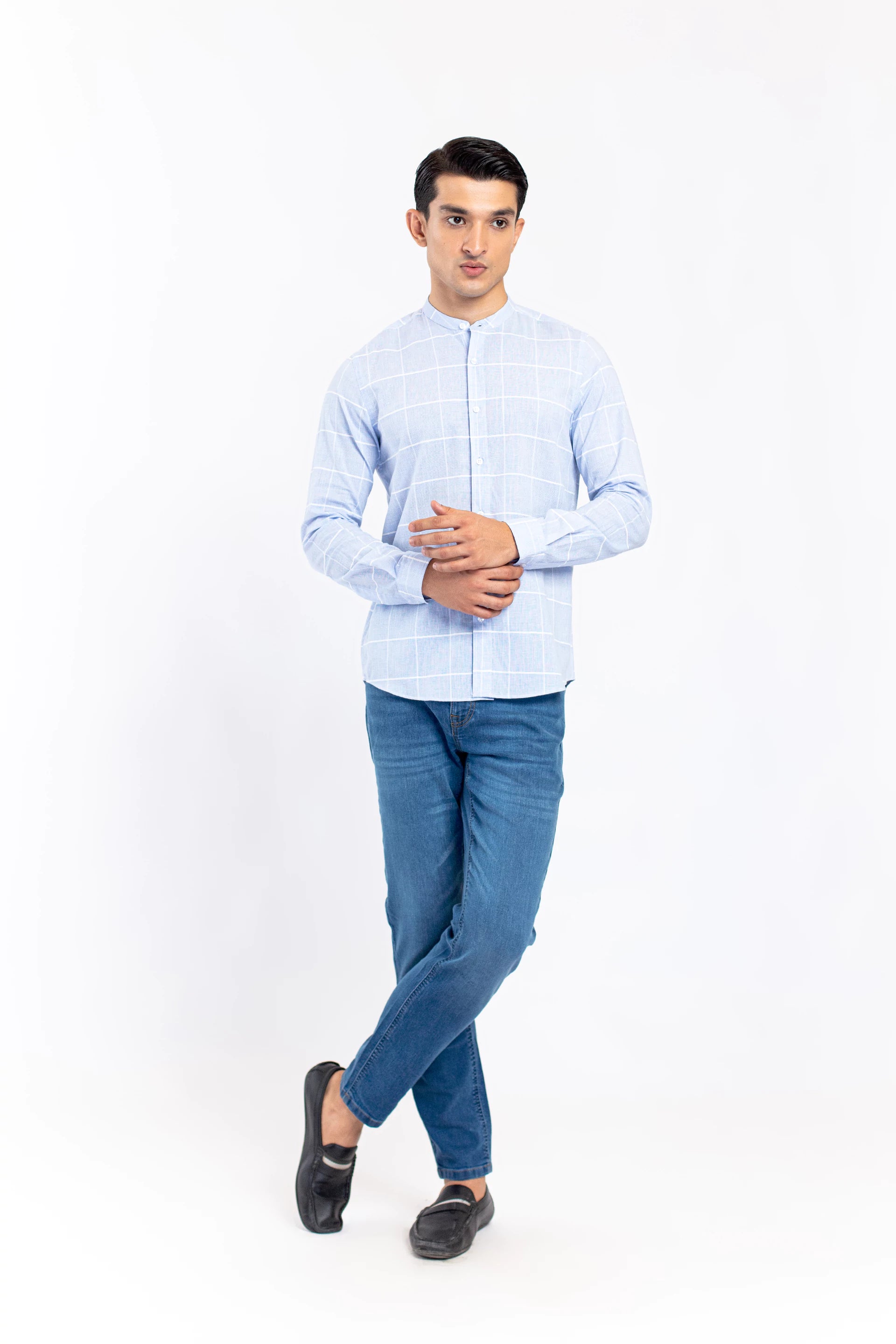 Mandarin Collar Checkered Shirt - 9figure