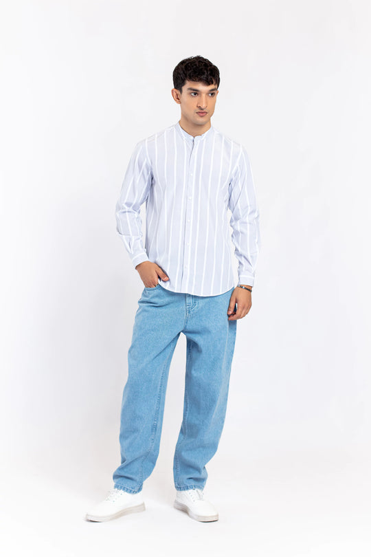 Mandarin Collar Striped Shirt - 9figure