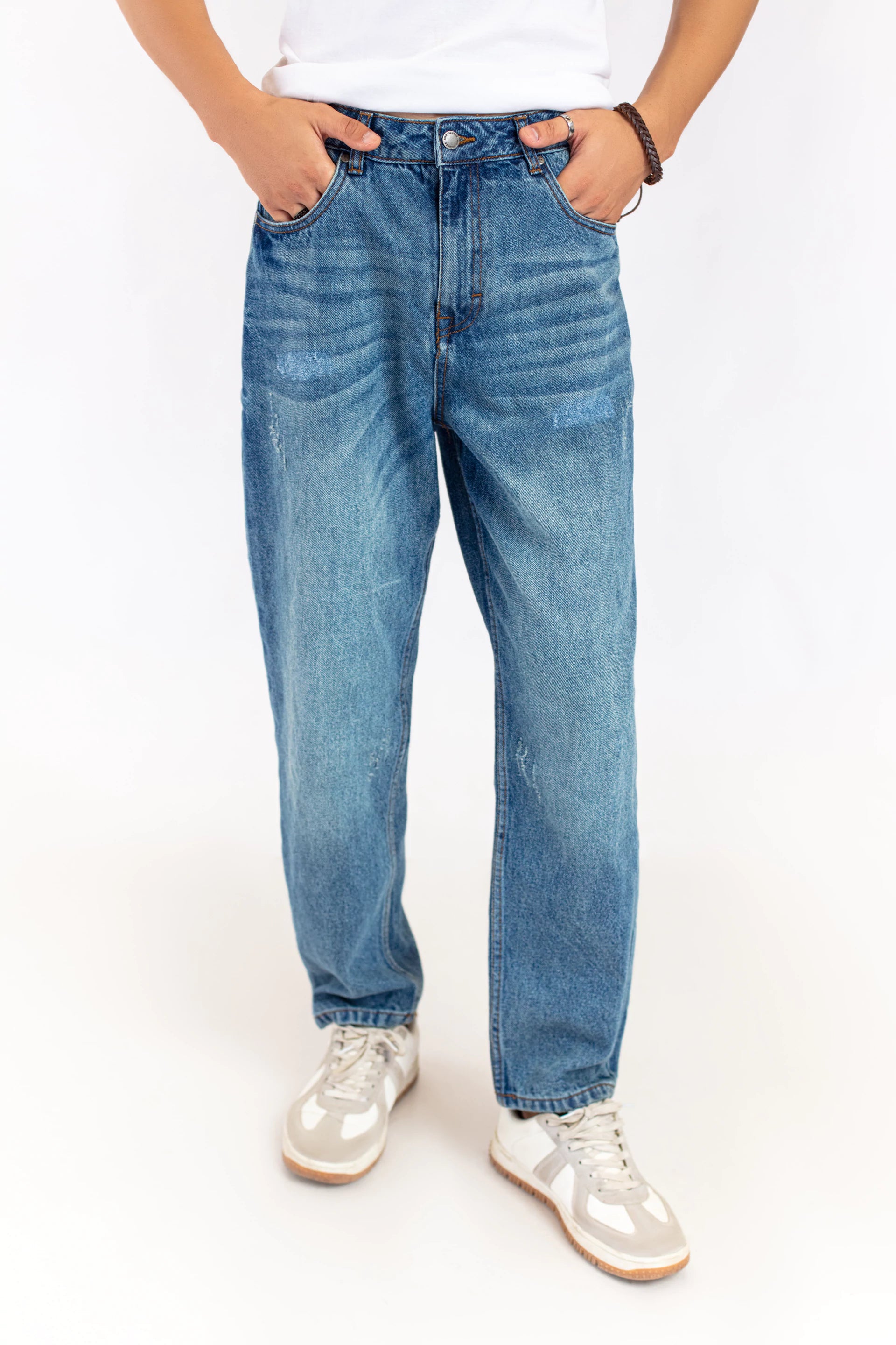 Mid Blue Baggy Fit Distressed Jeans