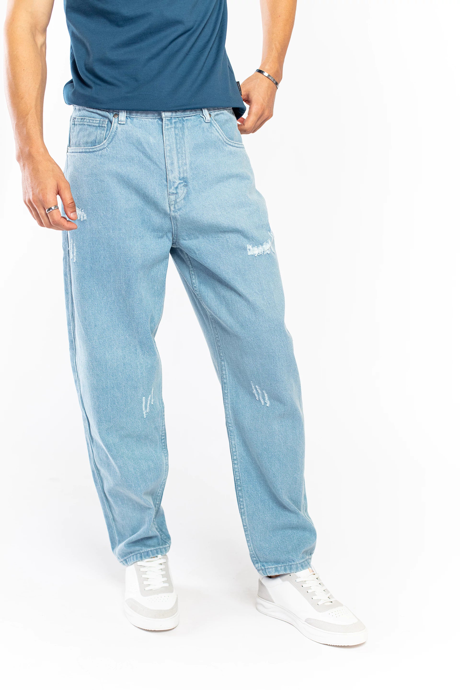 Ice Blue Baggy Fit Distressed Jeans