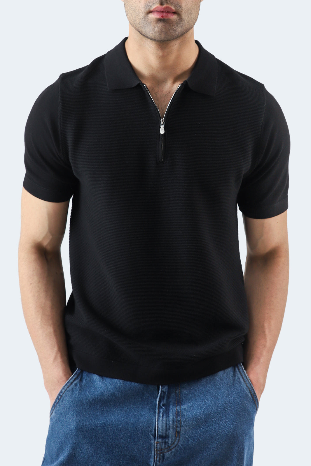 Textured Zipper Polo