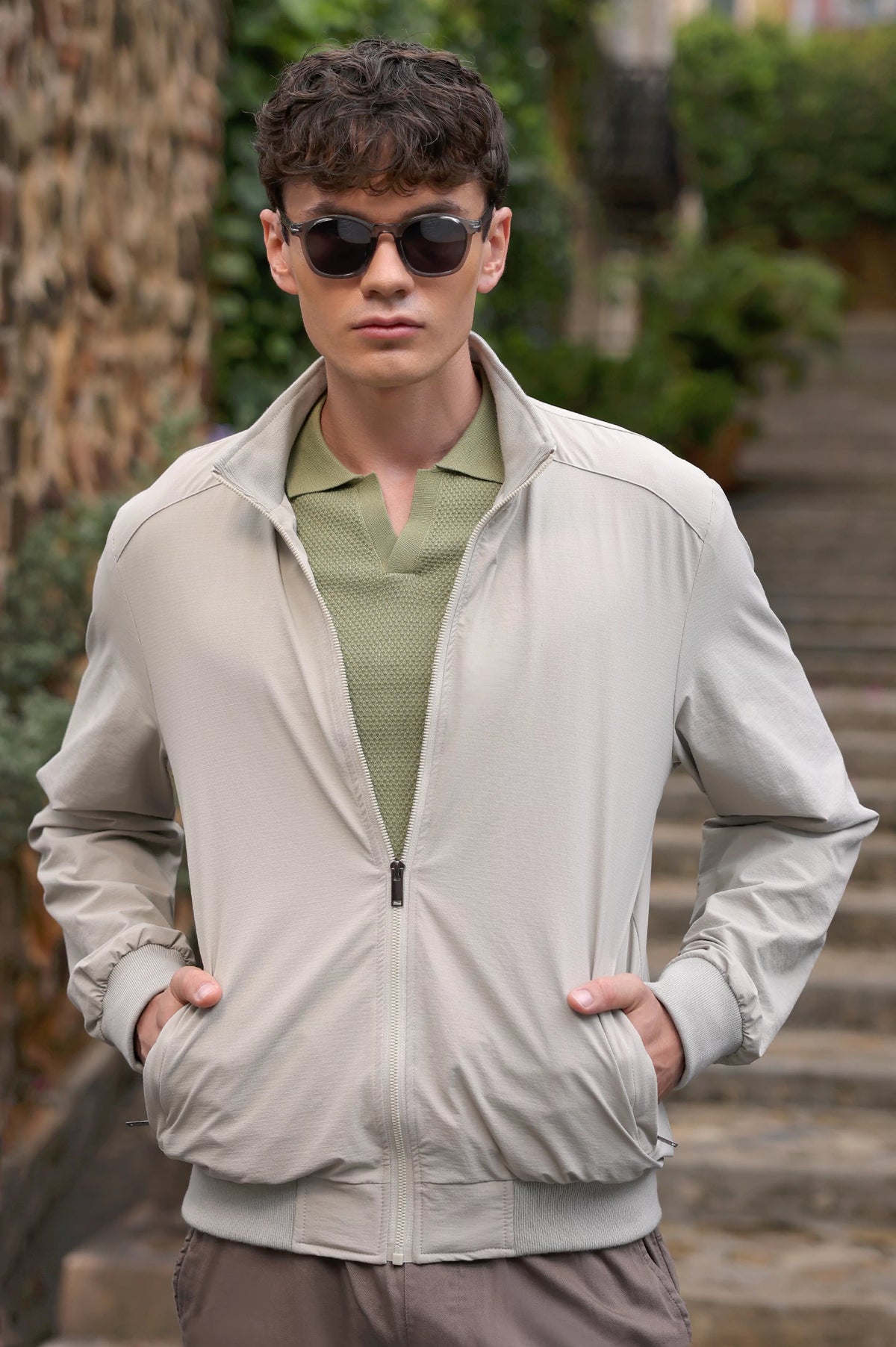 Beige Men Zip-Up Textured Jacket