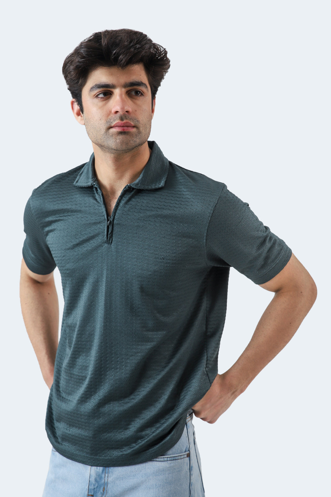 Textured Zipper Polo